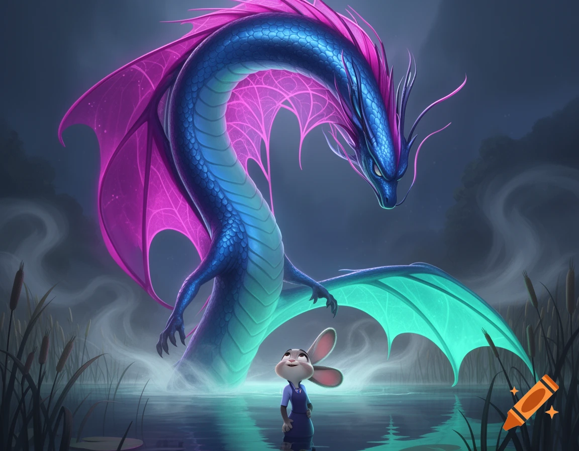 A cartoon rabbit stands in misty water, looking up at a majestic blue and purple dragon with glowing wings emerging from the water.