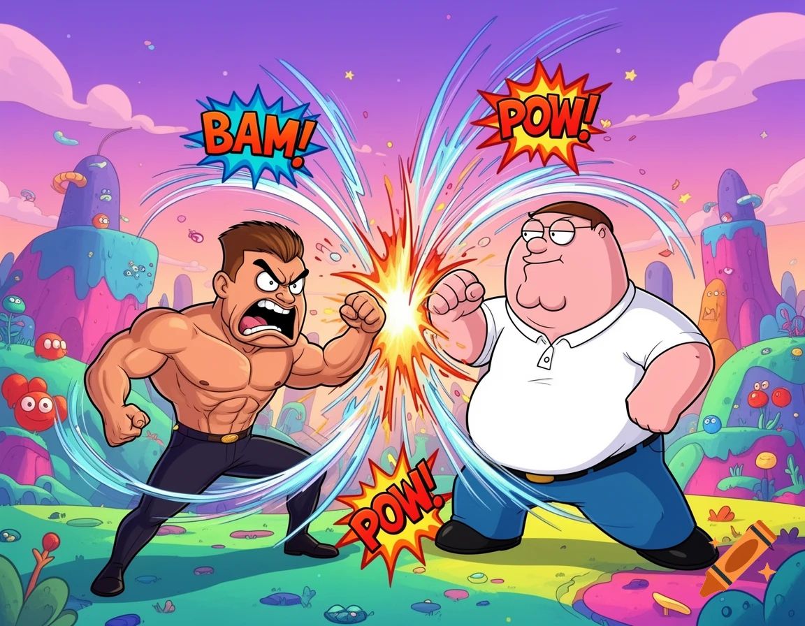 A muscular man fights Peter Griffin in a colorful, whimsical cartoon world, with comic book sound effects 'BAM!' and 'POW!'.