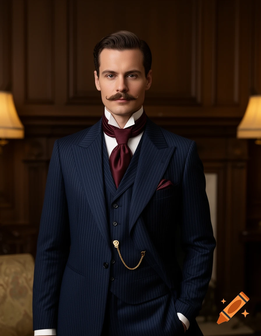 A dapper man with a mustache in a navy pinstripe suit and a burgundy cravat stands in a wood-paneled room.