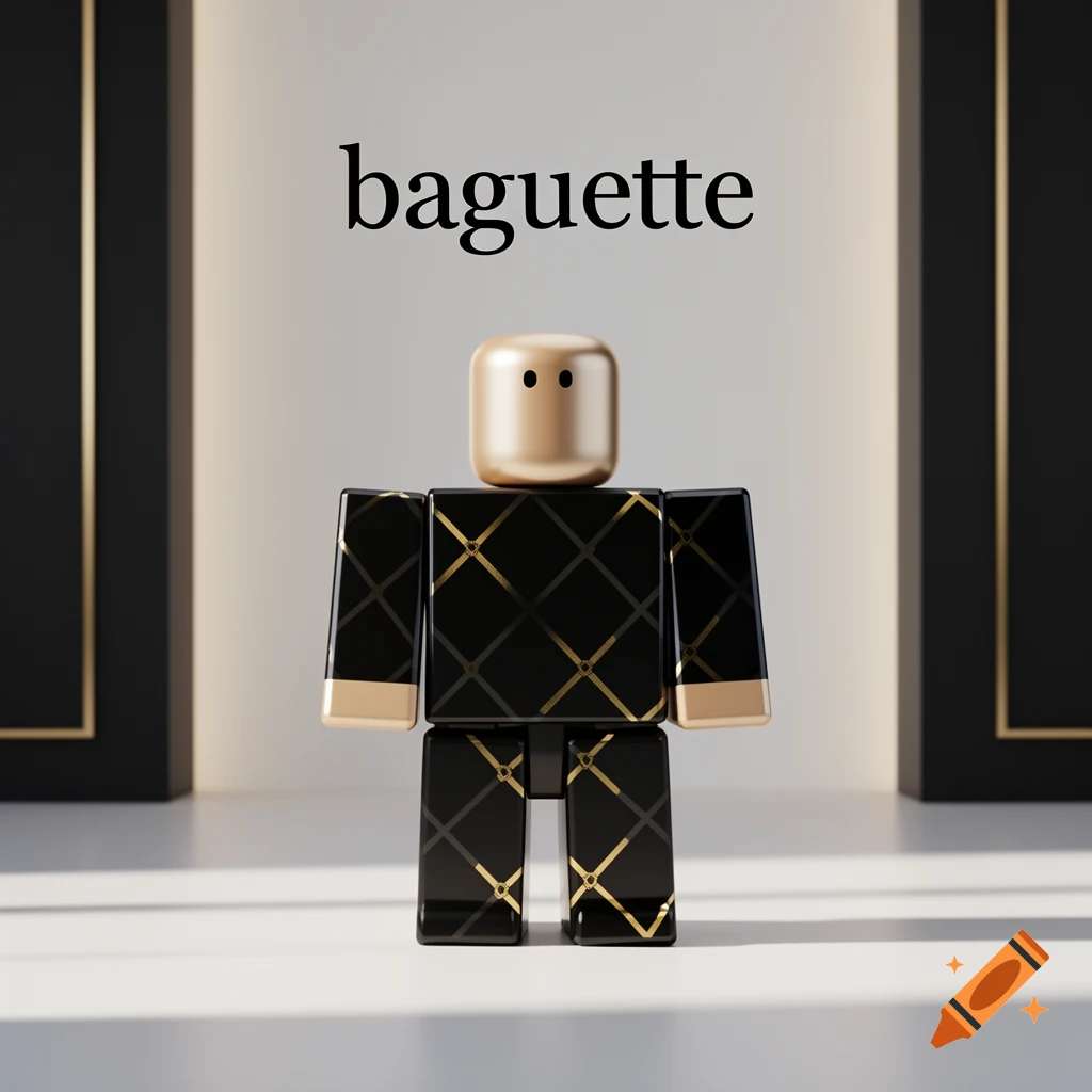 A gold-headed Roblox character in a black and gold checkered suit stands beneath the word 'baguette' in a minimalist setting.