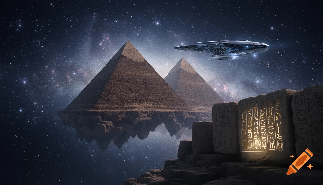 Two ancient pyramids float in deep space, a spaceship flies nearby, glowing hieroglyphs are carved into foreground stone blocks.