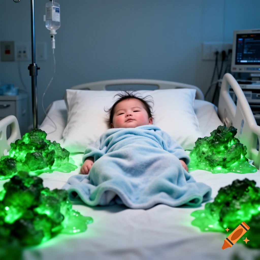 A baby lies in a hospital bed surrounded by glowing green, rock-like substances, resembling radioactive waste, in a dimly lit room.