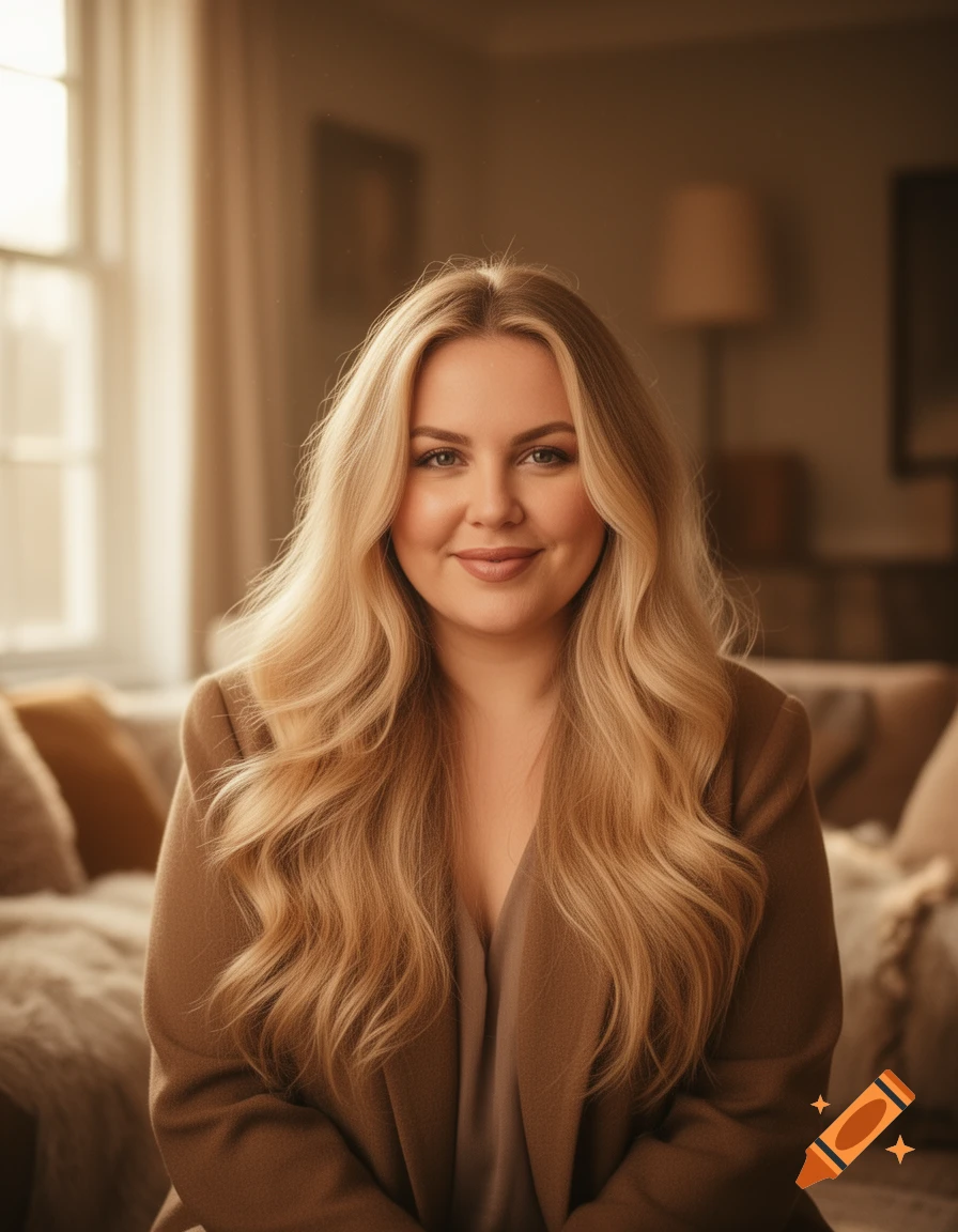 A smiling woman with long blonde hair and a brown coat looks at the camera in a photorealistic portrait.