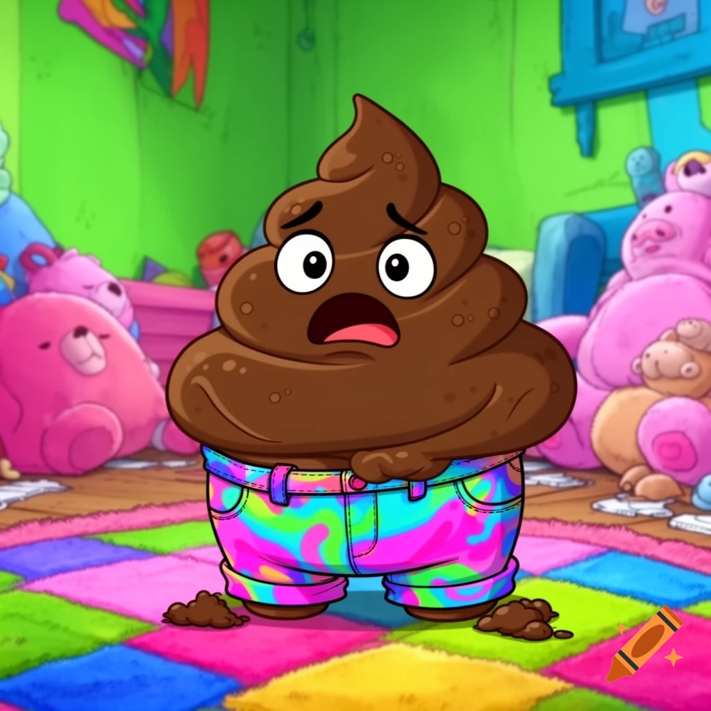 A cartoon poop character wearing vibrant tie-dye shorts looks worried, standing on a colorful checkered rug in a messy room filled with plush toys.
