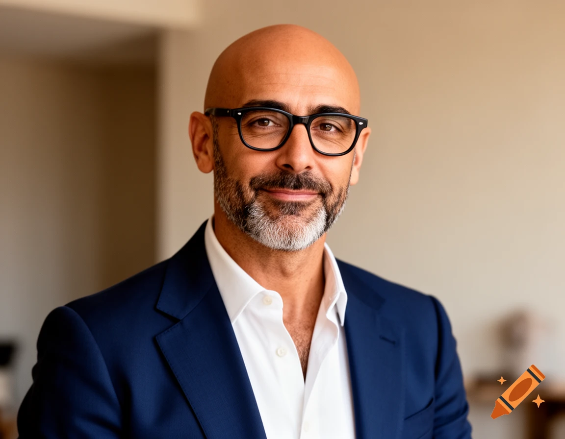 Headshot of a smiling bald man with a grey beard and black glasses, wearing a blue suit and white shirt.