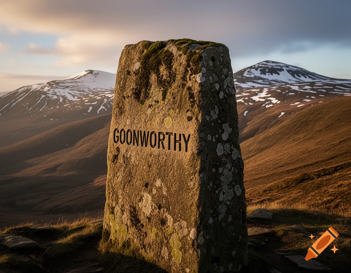 A stone monument inscribed with 'GOONWORTHY' on a grassy hilltop, with snow-capped mountains and a sunset sky in the background.