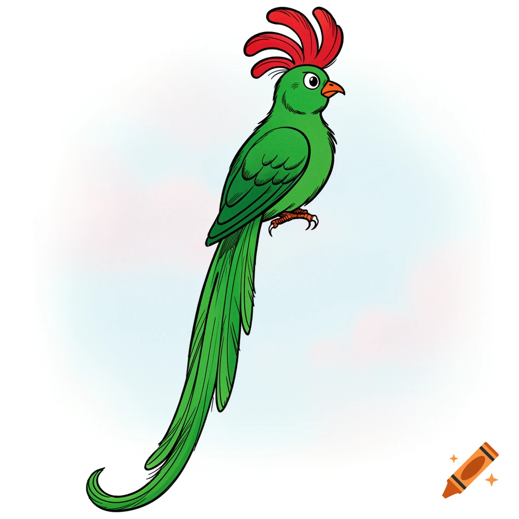A vibrant green cartoon quetzal with a red feathery crest and a long, flowing tail, in a comic book style.