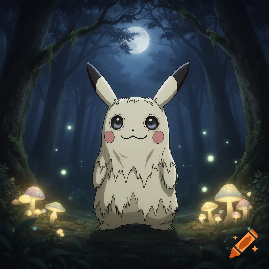 Anime Mimikyu in a dark, moonlit forest with glowing mushrooms and fireflies.