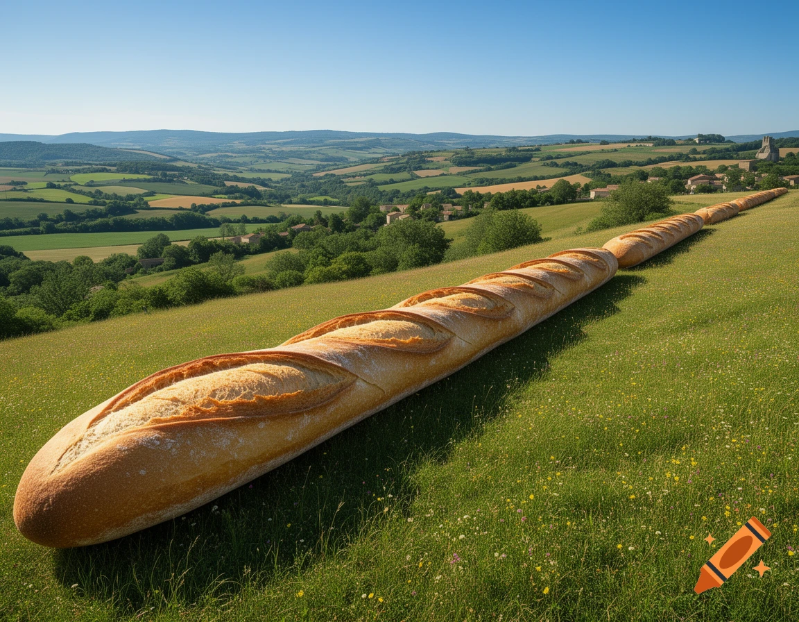 A massive, elongated baguette stretches across a lush green hillside, acting as a border in a scenic European landscape under a clear blue sky.