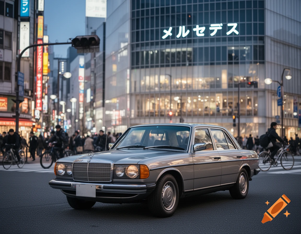 A grey Mercedes-Benz W123 sedan parked on a Tokyo street at dusk, with illuminated Japanese signs and buildings in the background.