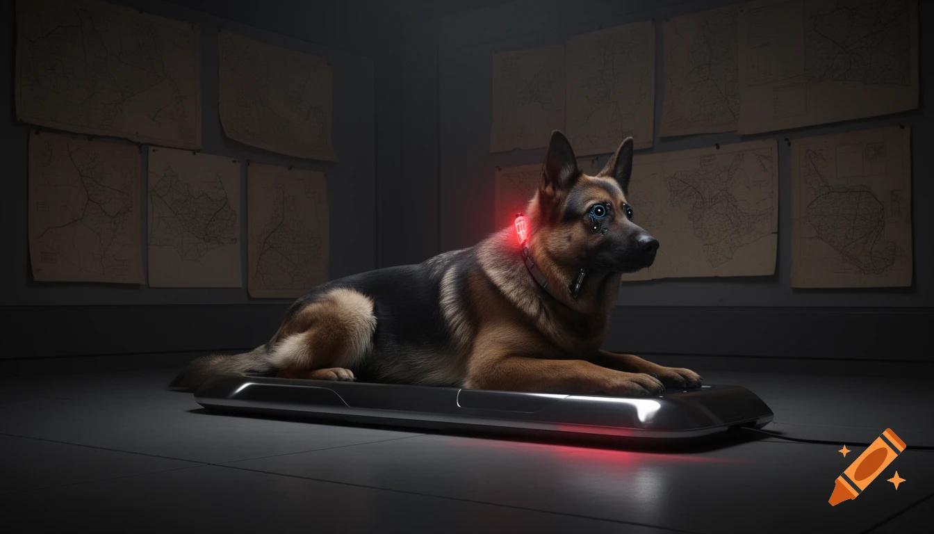 A photorealistic cybernetic German Shepherd dog lies on a glowing charging pad in a dark room with maps on the wall.