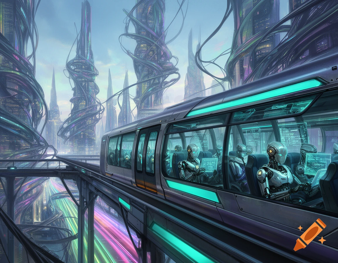 A futuristic cityscape with towering structures and a sleek train carrying robots on an elevated track. Vibrant light trails mark the roads below.