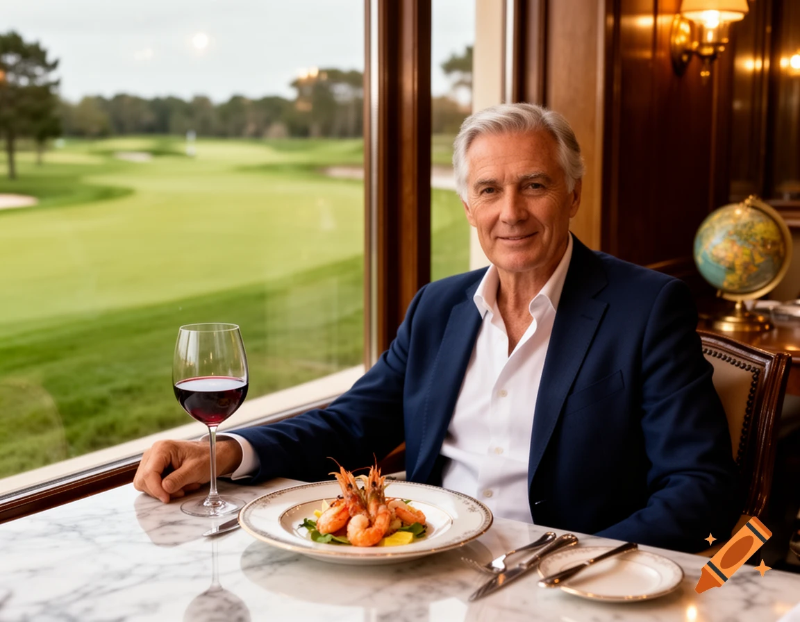 A distinguished older man in a suit dines at a restaurant, enjoying a plate of shrimp and red wine with a golf course view.