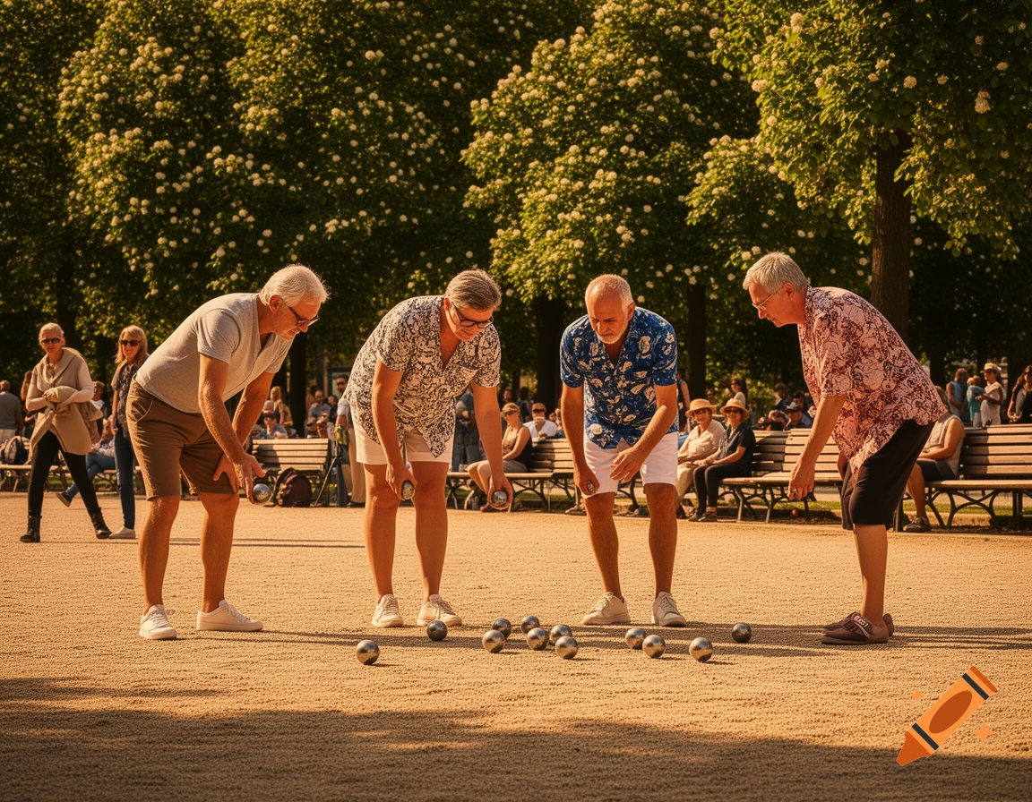 Four older men playing pétanque on a sandy court in a sunny park with trees and people in the background, photorealistic style.