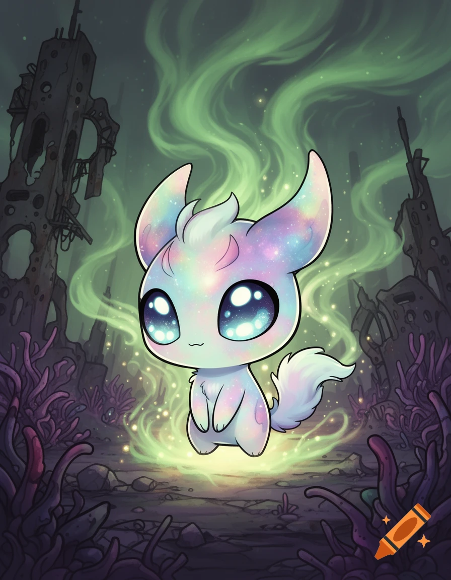 A cute, galaxy-patterned chibi alien with large shiny eyes and a fluffy tail floats in a desolate world with green toxic gas.