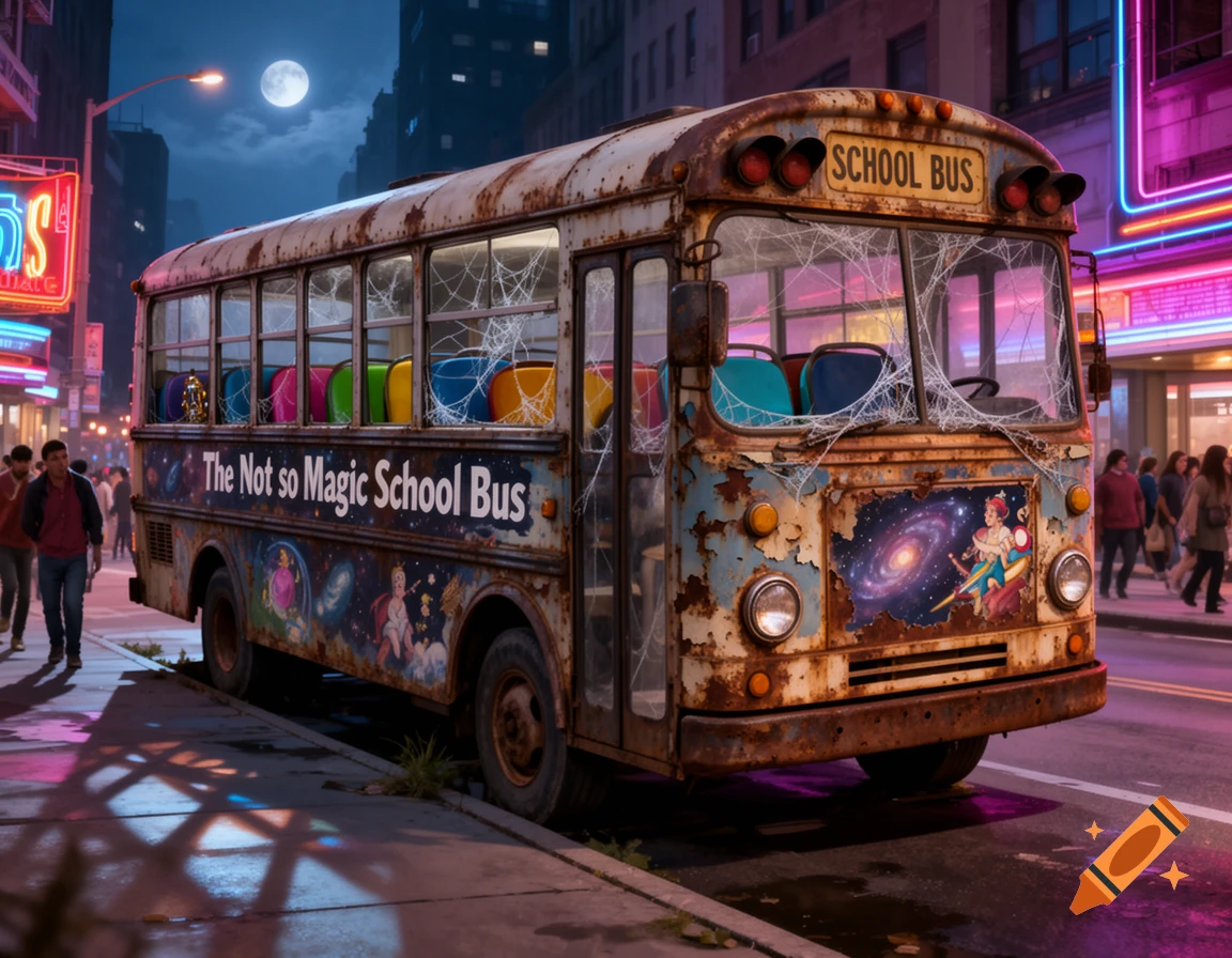 A rusty, abandoned school bus with "The Not so Magic School Bus" painted on its side, parked on a city street at night under a full moon. Neon lights illuminate the background.