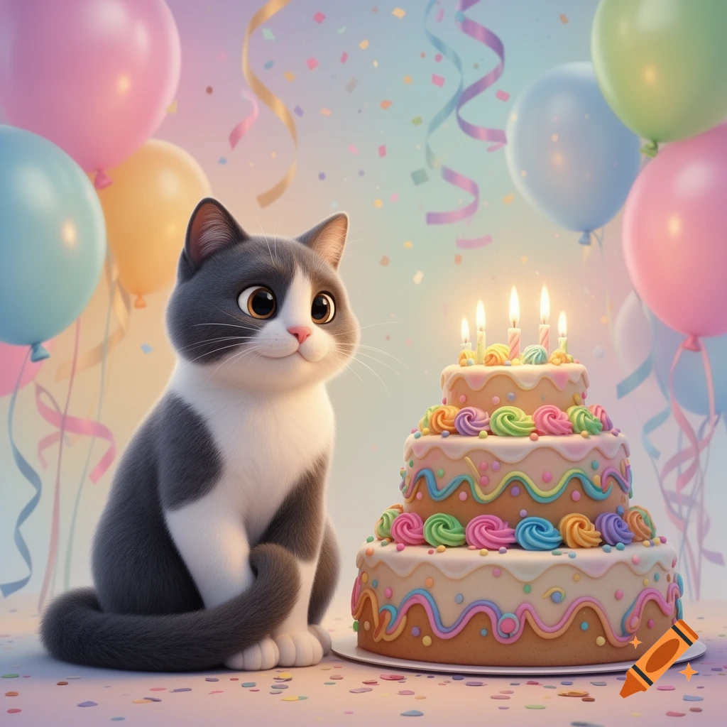 Cartoon gray and white tuxedo cat sitting beside a tiered birthday cake with lit candles, colorful balloons, and confetti.