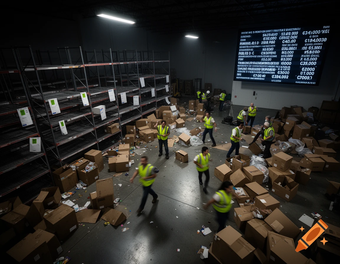 A chaotic warehouse scene with workers in safety vests amidst overturned boxes and scattered items, with a large, bright display screen on the back wall showing data.