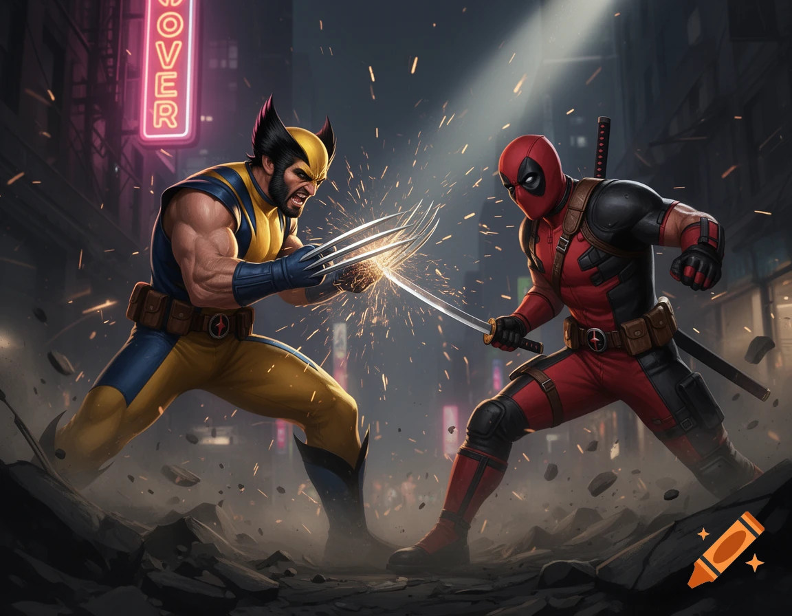 Wolverine clashes his adamantium claws with Deadpool's katana in a dynamic, comic book style fight on a debris-strewn city street.