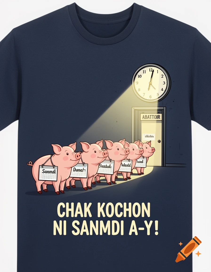 Cartoon t-shirt design showing a queue of smiling pigs with calendar labels approaching an "ABATTOIR" door, under a spotlight from a clock. Text at bottom reads "CHAK KOCHON NI SANMDI A-Y!"