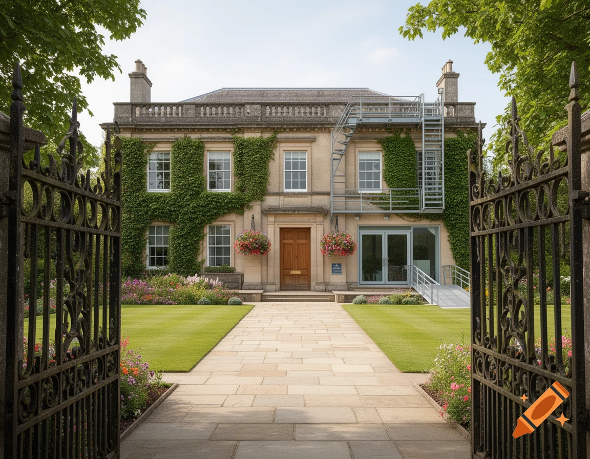 A grand Georgian stone house with ivy growing on its facade, seen through ornate black iron gates, featuring a lush green lawn, vibrant flower beds, and a stone path leading to the front door with hanging baskets. A metal fire escape and ramp lead to a modern glass rear entrance.