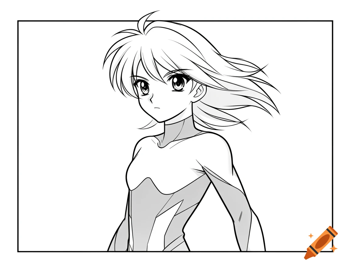 Black and white manga illustration of a young woman with windswept hair and a serious expression, wearing a form-fitting suit.