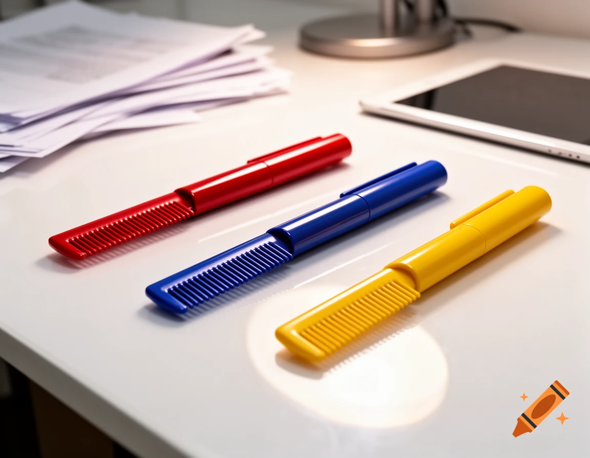 Three red, blue, and yellow pens with comb attachments lie on a white desk with papers and a tablet in the background, photorealistic style.