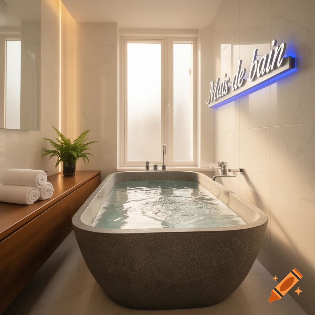 A modern bathroom with a grey freestanding bathtub filled with water, a wooden vanity with white towels, and a 'Mais de bain' neon sign on a tiled wall.