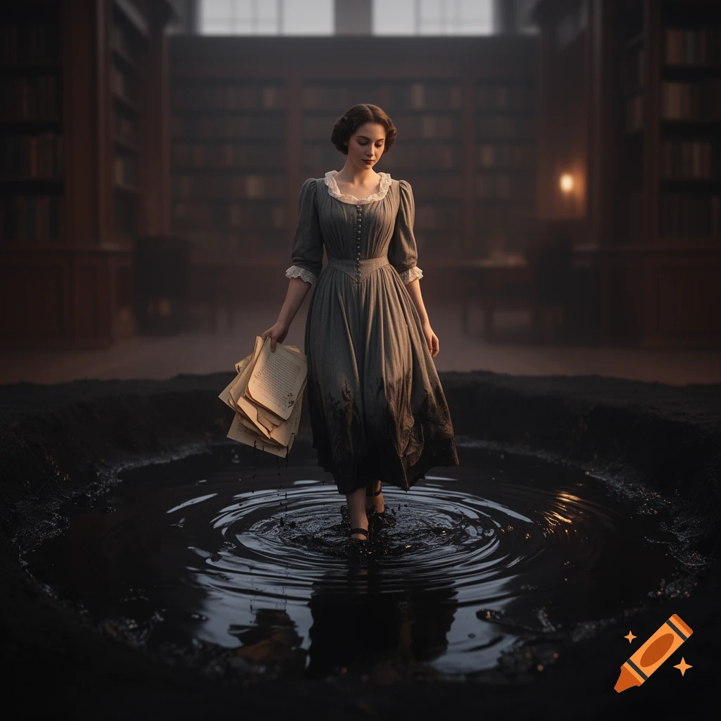 A woman in a grey historical dress walks through a dark, rippling liquid on a library floor, holding a stack of papers.