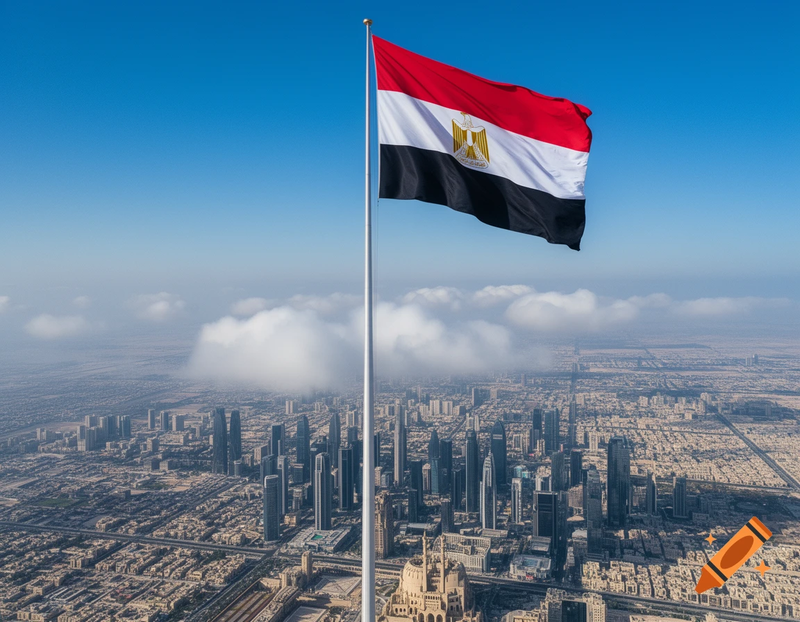 A massive Egyptian flag waving from a tall flagpole above a sprawling city under a clear blue sky.