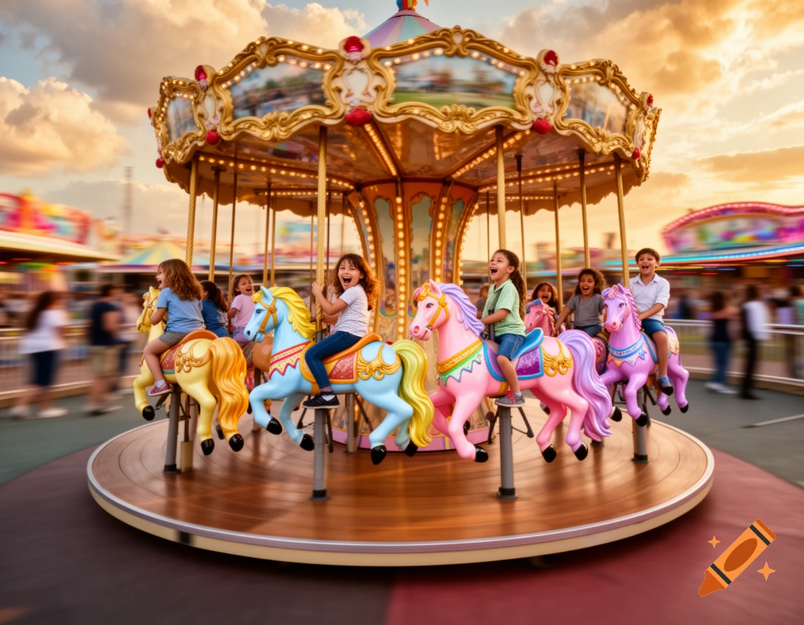 Children smiling and laughing while riding colorful carousel horses at a sunny amusement park, photorealistic.