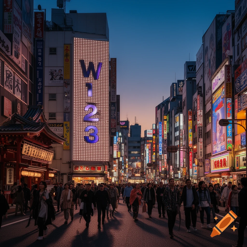 Photorealistic image of a crowded street in a Japanese city at dusk, with tall buildings and numerous glowing neon signs, one displaying 'W 123'.
