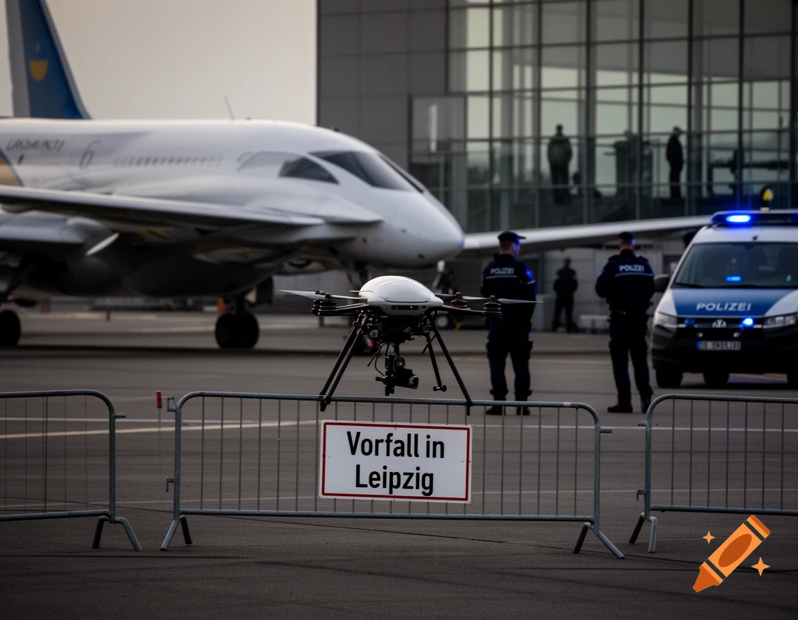 Photorealistic scene of a drone, police, and a sign reading 'Vorfall in Leipzig' near an airplane at an airport.