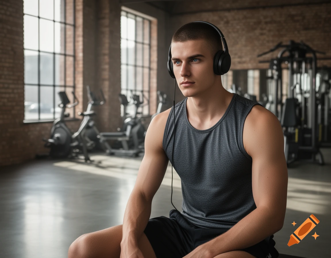 A photorealistic image of an athletic young man with short hair and blue eyes, wearing a gray tank top and headphones, sitting in a gym.
