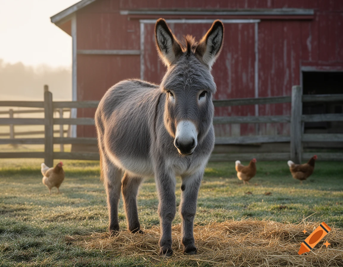 A donkey stands in a grassy field in front of a red barn, with chickens in the background, bathed in golden morning light.