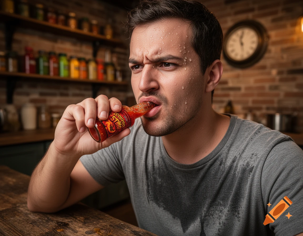 A man sweating profusely as he drinks directly from a small bottle of "Scorpion Sting" hot sauce, looking pained in a kitchen.