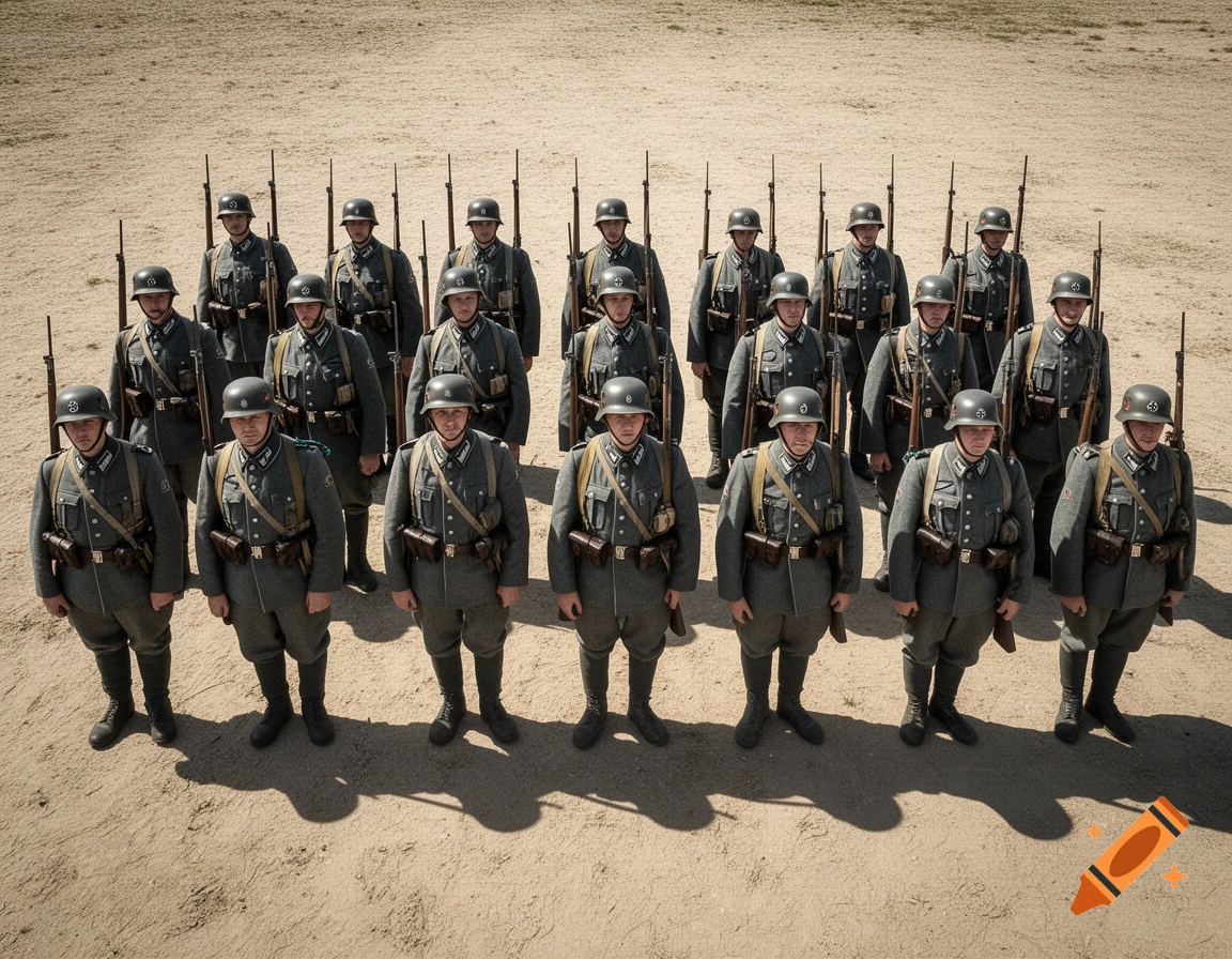 A high-angle shot of a large formation of German WWII infantry soldiers in grey uniforms with rifles, standing on a sandy field.
