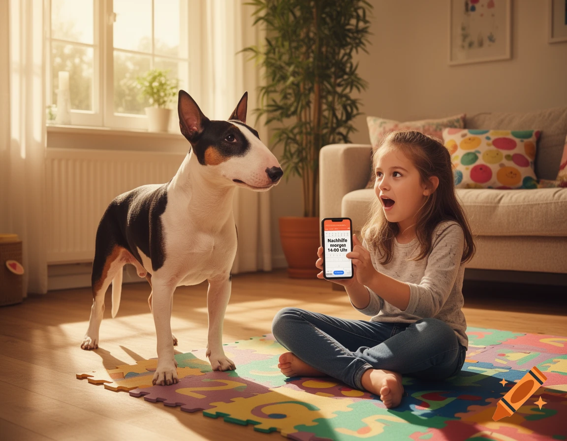 A girl holds a smartphone showing a reminder to a Bull Terrier dog on a playmat in a sunlit room.