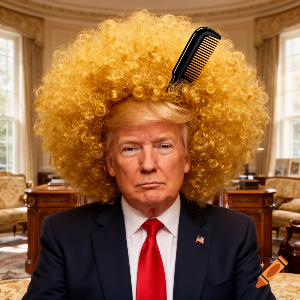 Photorealistic portrait of Donald Trump with a large golden afro hairstyle and a black comb in his hair, sitting in a formal office.