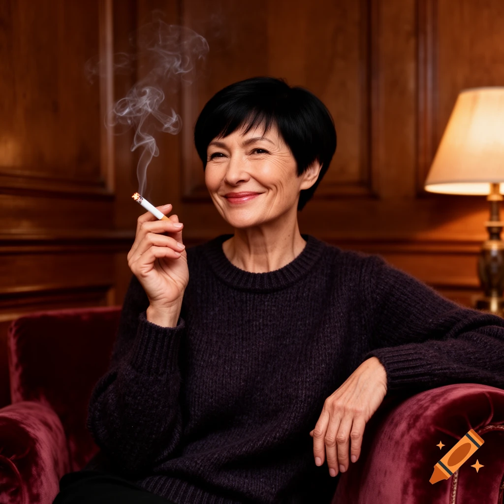 A smiling woman with short black hair sits on a red armchair, holding a lit cigarette with smoke rising. Photorealistic.