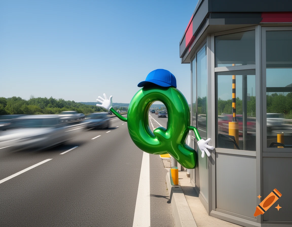 A green metallic letter Q character with a blue hat leans out of a highway tollbooth, waving as cars blur past.