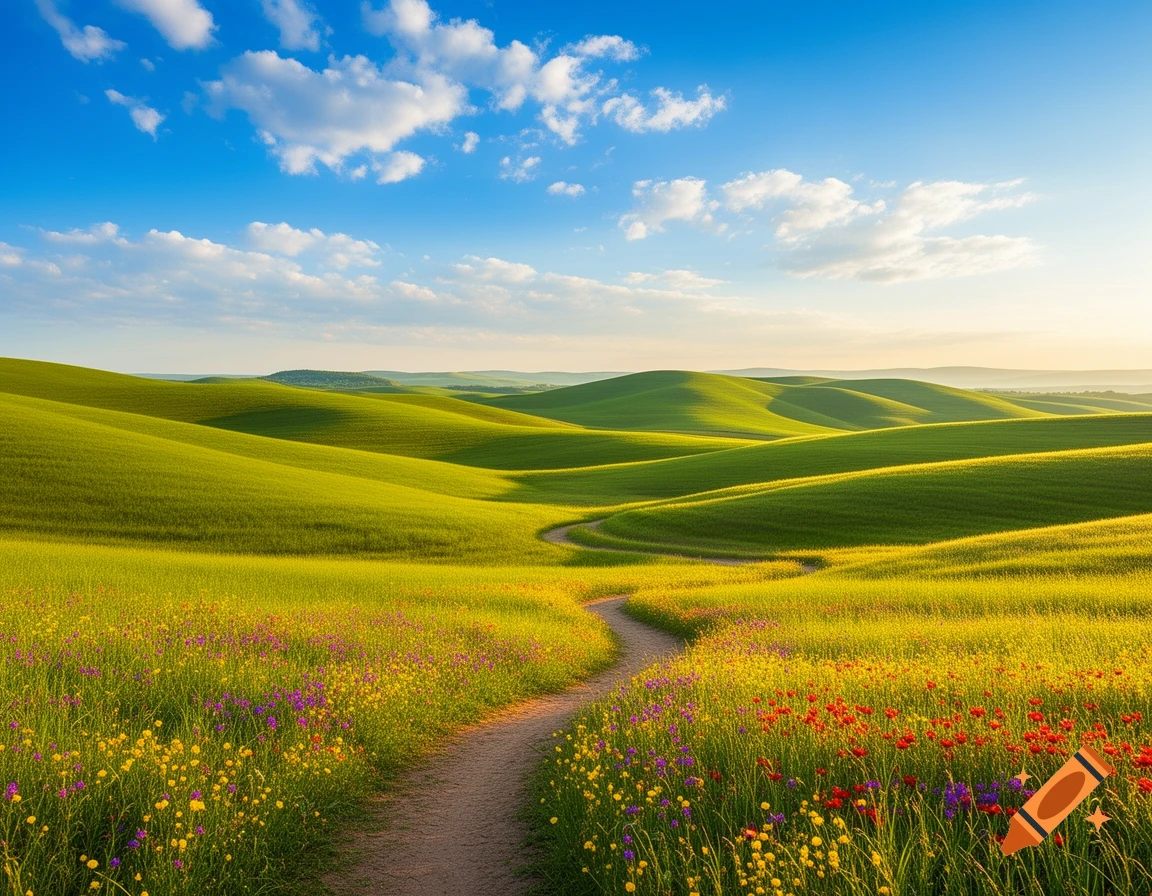 A winding path through fields of colorful wildflowers and green rolling hills under a bright blue sky with white clouds.