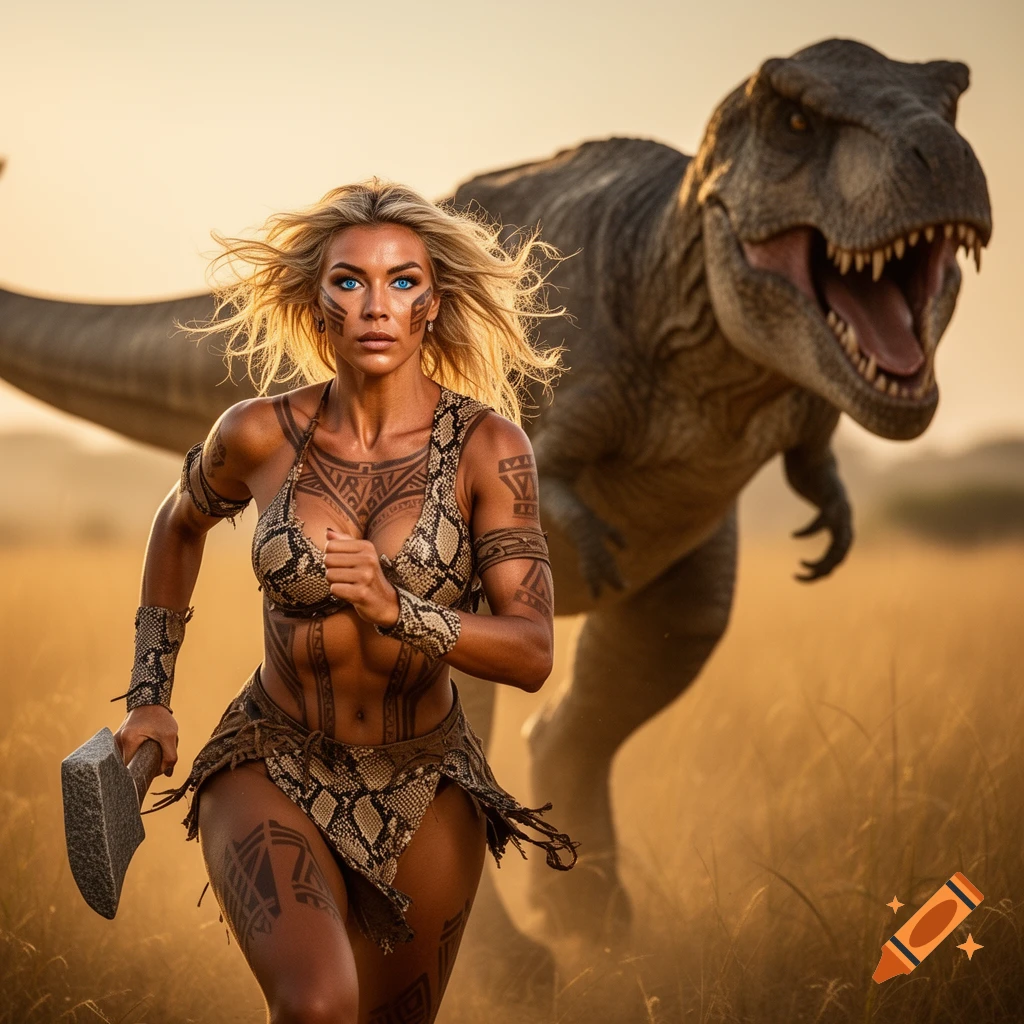 A muscular woman with tribal body paint, in a snakeskin outfit, runs through a savanna at sunset, holding an axe, pursued by a T-Rex dinosaur.