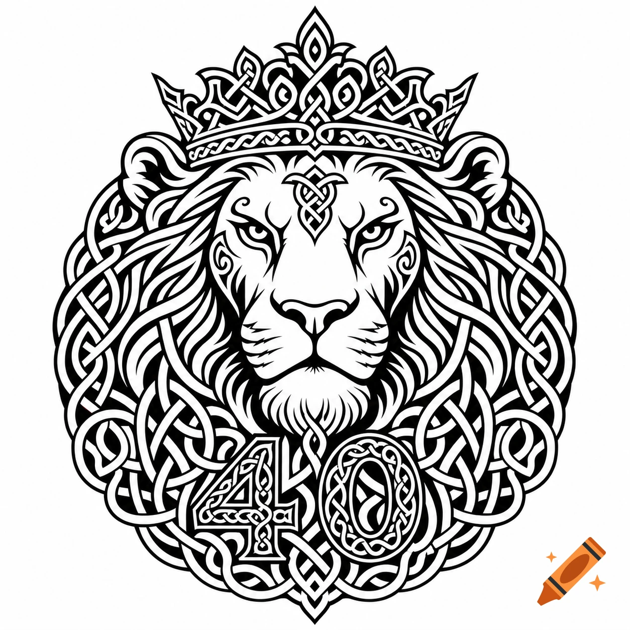 Black and white Celtic lion head logo with a crown, intricate knotwork mane, and the number 40.