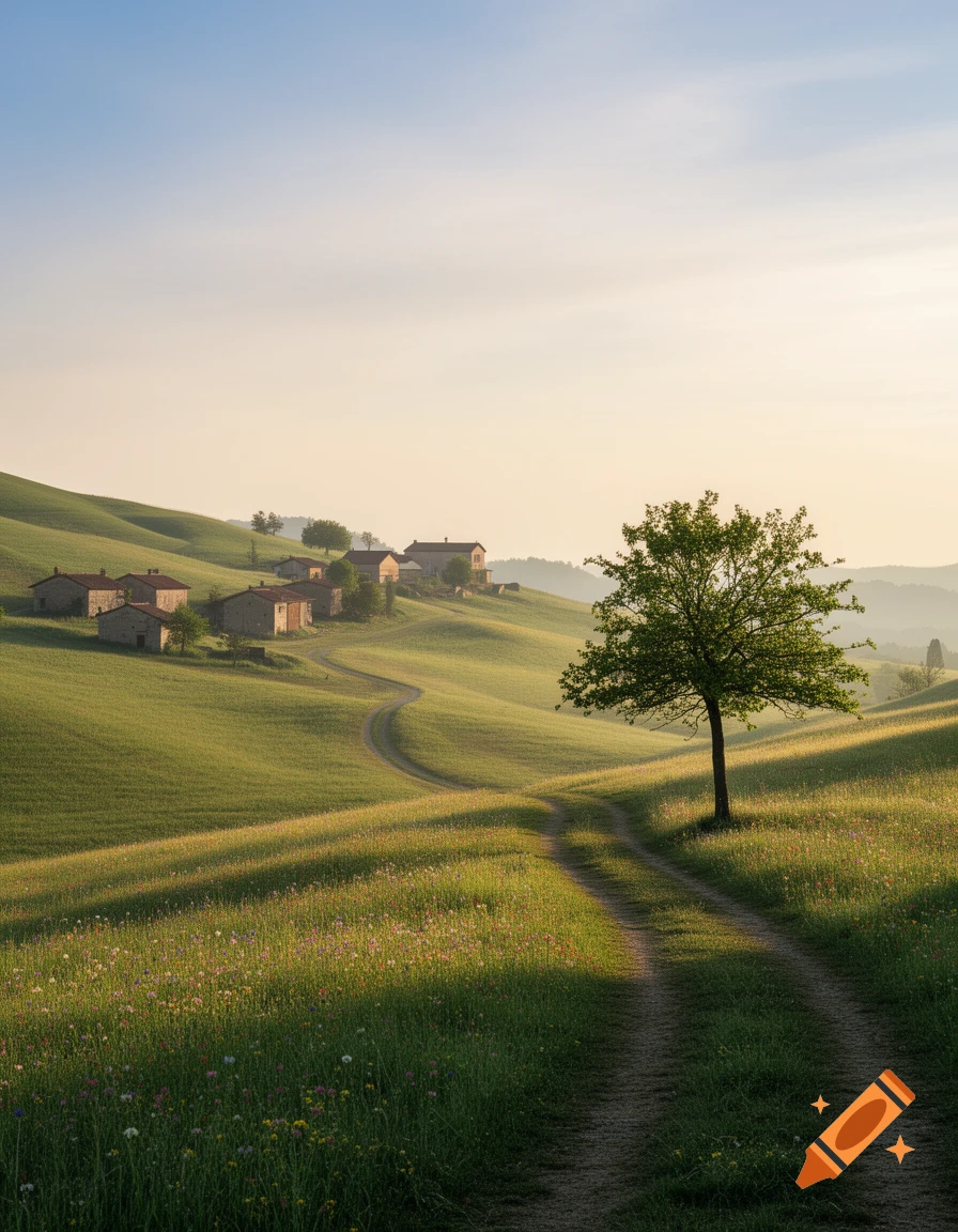 A picturesque landscape with rolling green hills, a winding dirt path, scattered rural houses, and a single tree under a clear sky.