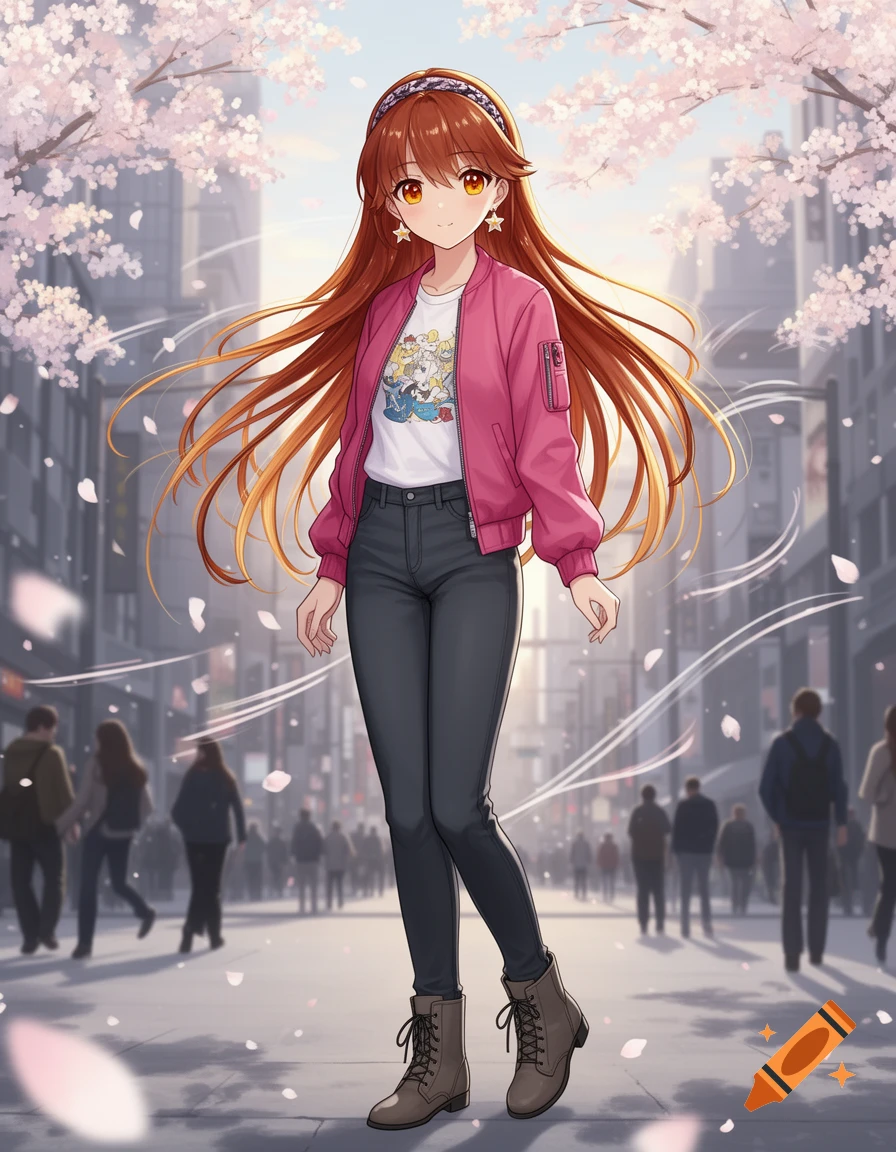 Anime girl with long brown hair, pink jacket, and dark pants walking in a city street under cherry blossoms.
