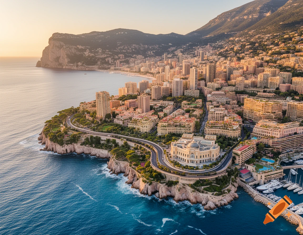 Aerial view of a vibrant coastal city with numerous buildings, a grand palace, and a busy marina, set against rugged mountains at sunset.