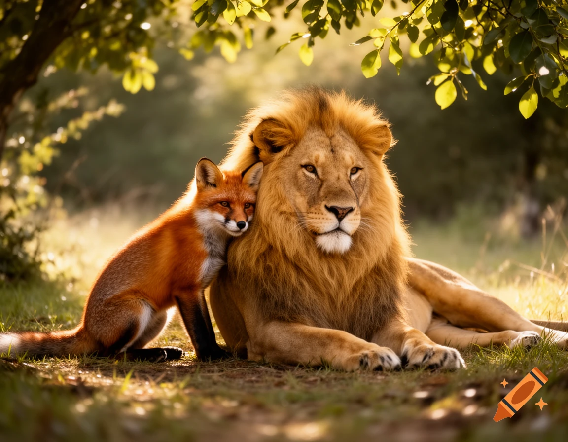 A red fox lovingly leans against a majestic male lion lying in a sun-dappled forest.