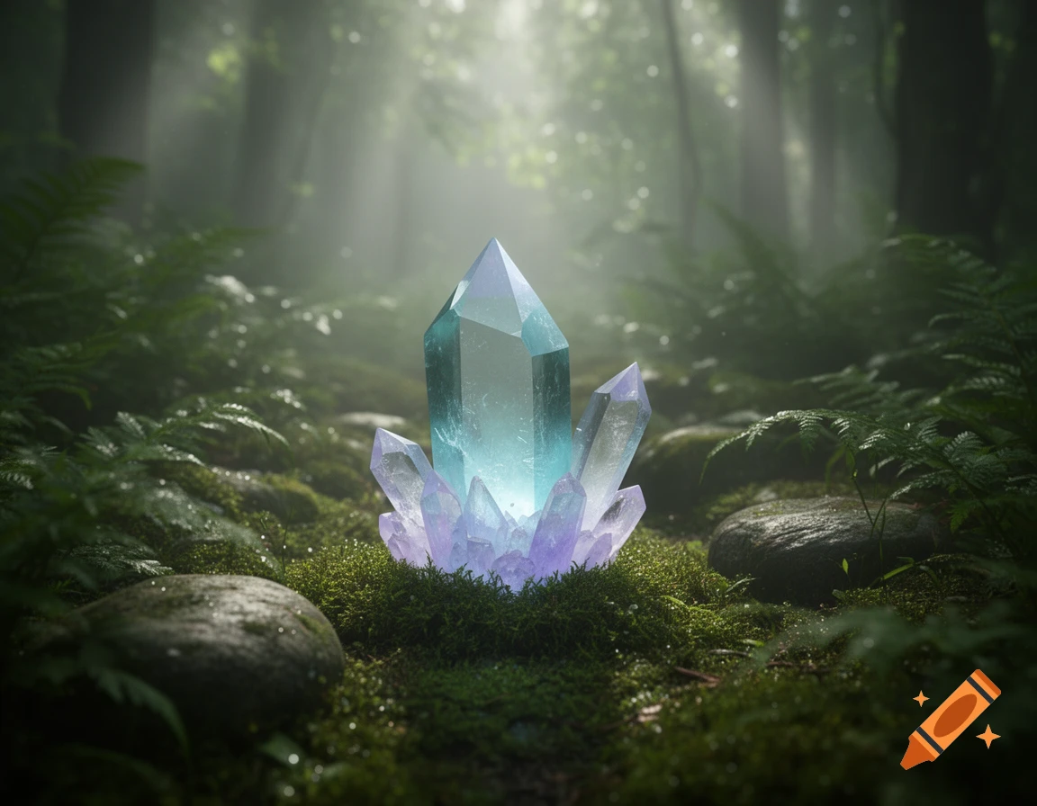 A large, glowing blue and purple crystal sits amidst lush green moss and ferns in a mystical, sunlit forest.