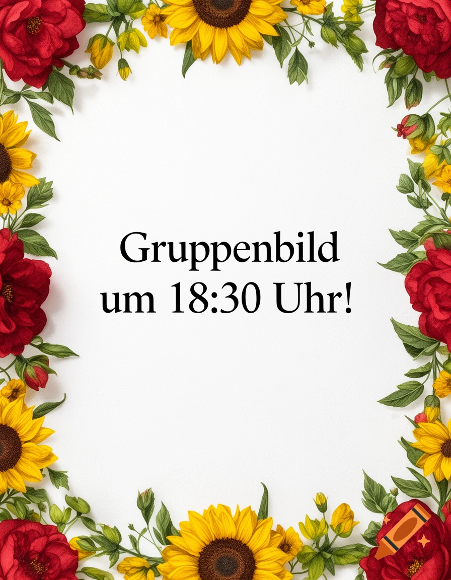 A white background framed by red roses and yellow sunflowers, with the text "Gruppenbild um 18:30 Uhr!" in the center.